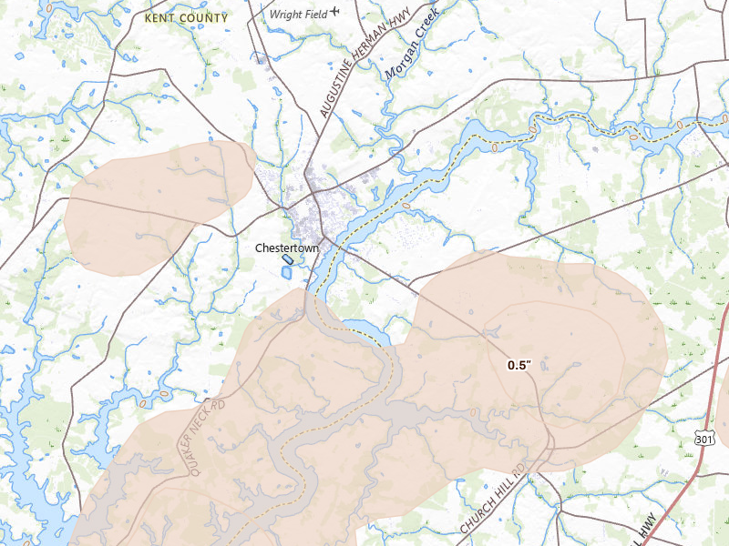 Radar-estimated hail-size map of the storm over Chestertown, MD on Jul 4, 2026