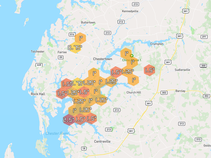 Hail map of Chestertown, MD on Jul 5, 2026, hail up to 2.5"