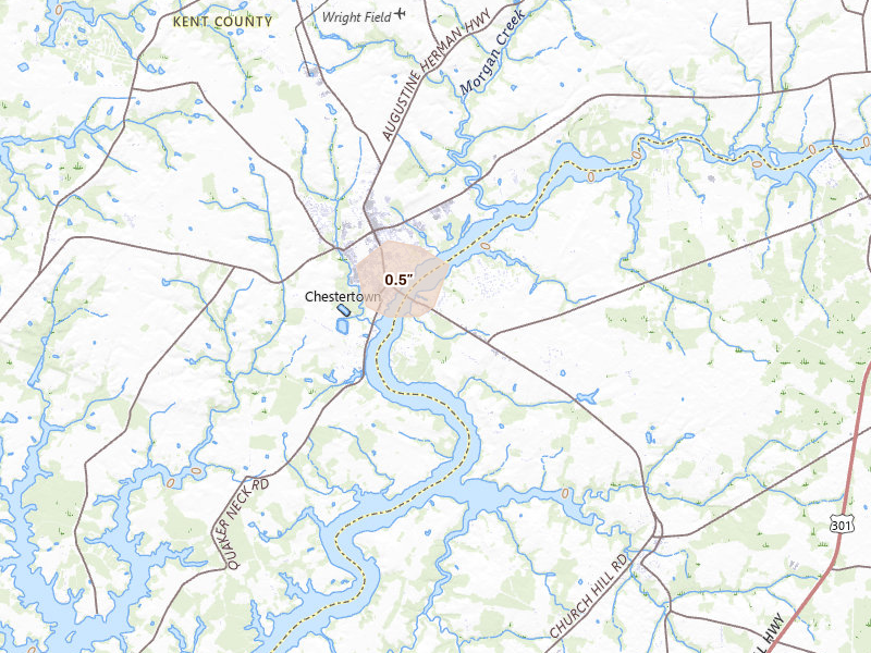 Radar-estimated hail-size map of the storm over Chestertown, MD on Jul 28, 2026