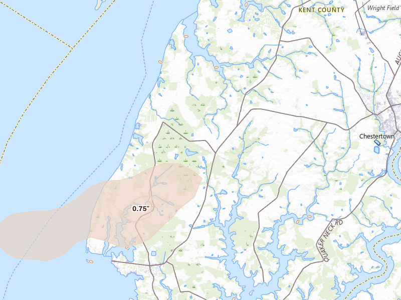 Radar-estimated hail-size map of the storm over Chestertown, MD on Aug 20, 2026