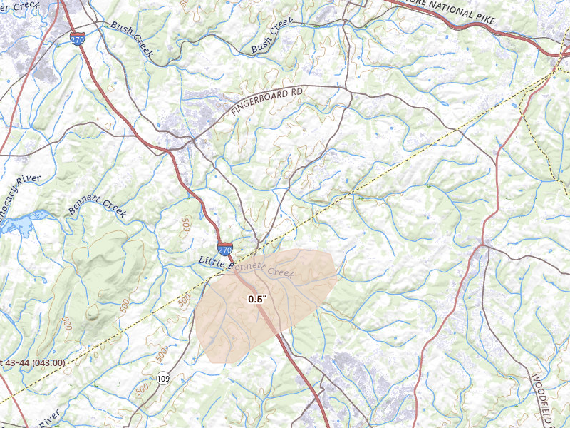 Radar-estimated hail-size map of the storm over Clarksburg, MD on Jul 5, 2026