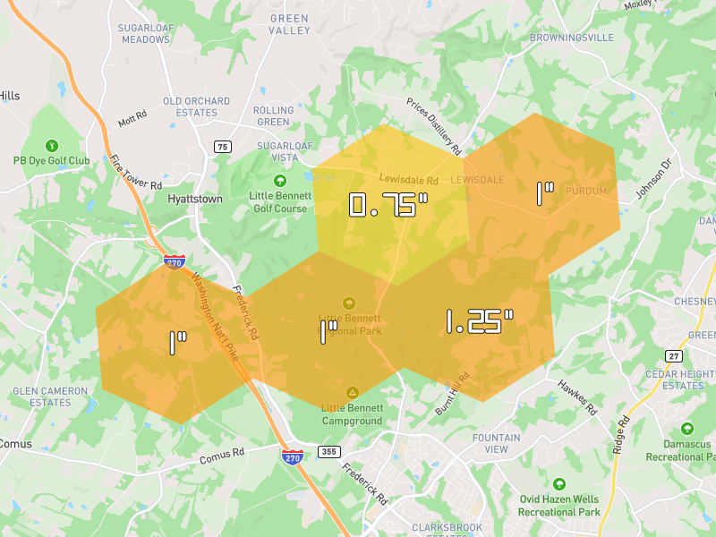 Hail map of Clarksburg, MD on Jul 5, 2026, hail up to 1.25"