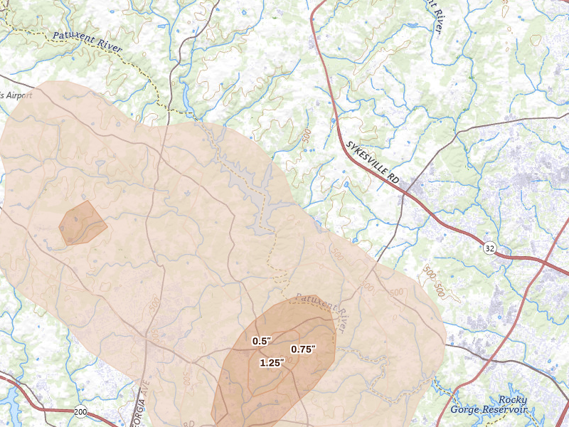 Radar-estimated hail-size map of the storm over Clarksville, MD on Jul 5, 2026