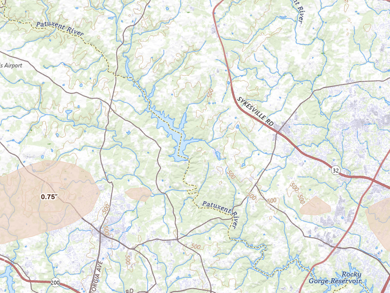 Radar-estimated hail-size map of the storm over Clarksville, MD on Jul 18, 2026