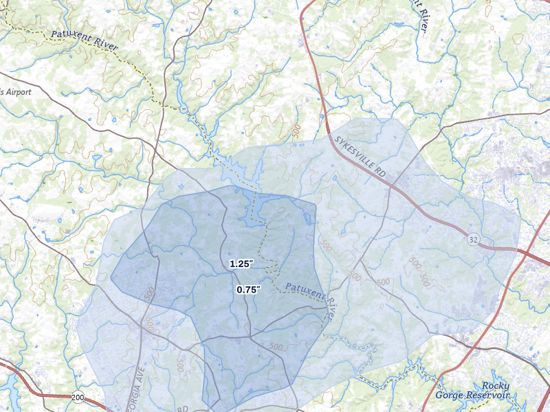 NEXRAD radar-signature map of the hail over Clarksville, MD