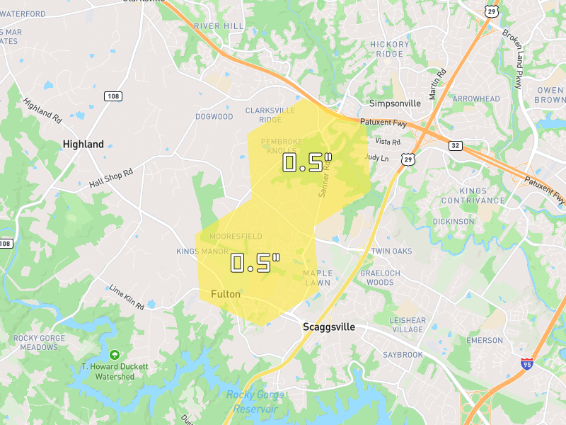 Hail map of Clarksville, MD on Jul 21, 2026, hail up to 0.5"
