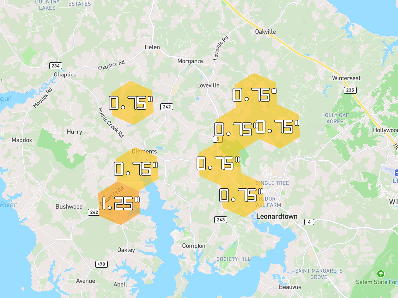 Hail map of Clements, MD on Jul 4, 2026, hail up to 1.25"