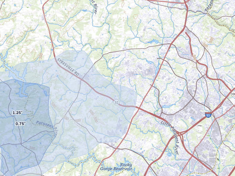 NEXRAD radar-signature map of the hail over Columbia, MD