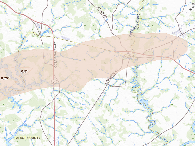 Radar-estimated hail-size map of the storm over Cordova, MD on Jun 22, 2026