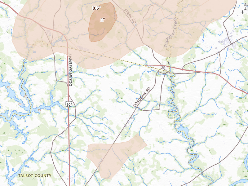 Radar-estimated hail-size map of the storm over Cordova, MD on Jul 18, 2026