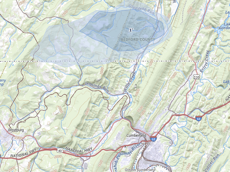 NEXRAD radar-signature map of the hail storm over Corriganville, MD on Apr 1, 2026