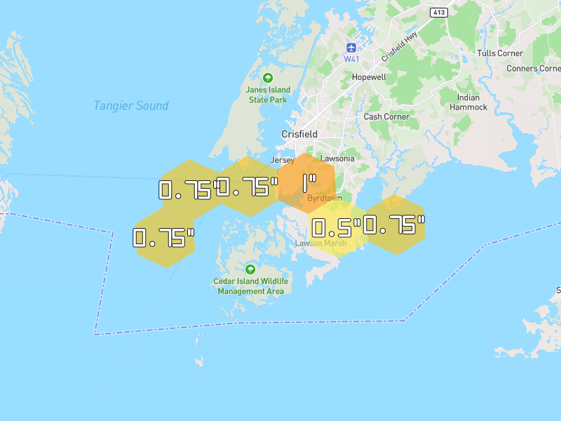 Hail map of Crisfield, MD on Jul 21, 2026, hail up to 1"