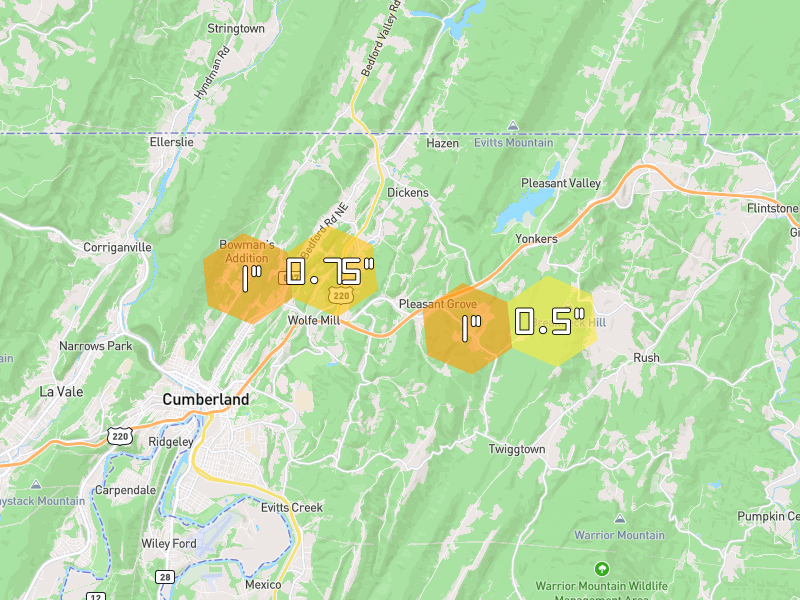 Hail map of Cumberland, MD on Jul 5, 2026, hail up to 1"
