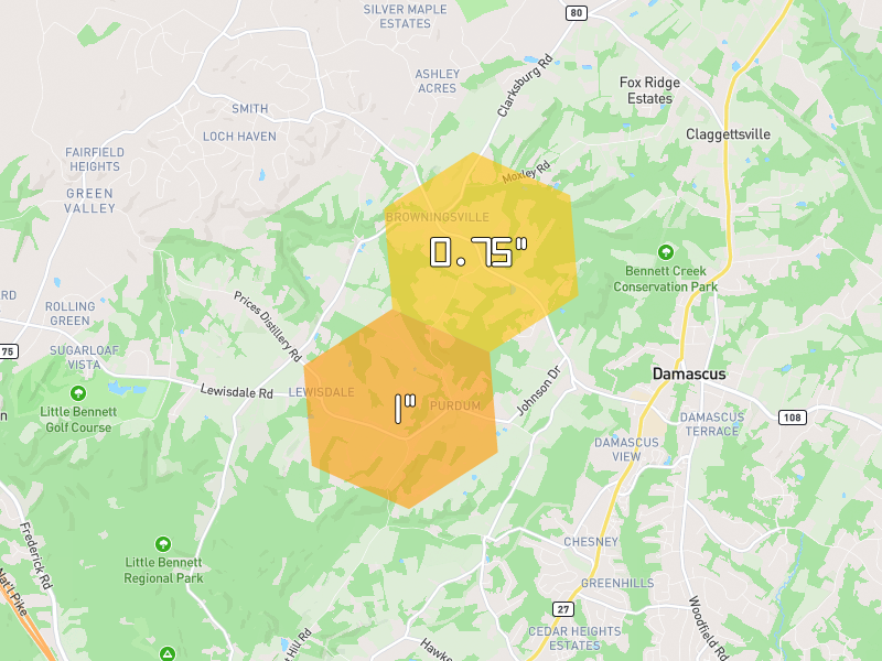 Hail map of Damascus, MD on Jul 5, 2026, hail up to 1"