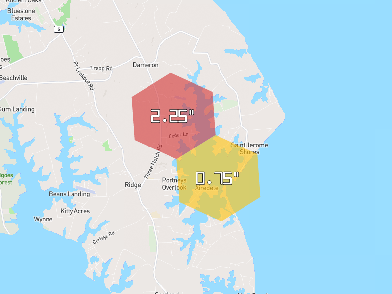 Hail map of Dameron, MD on Jul 6, 2026, hail up to 2.25"
