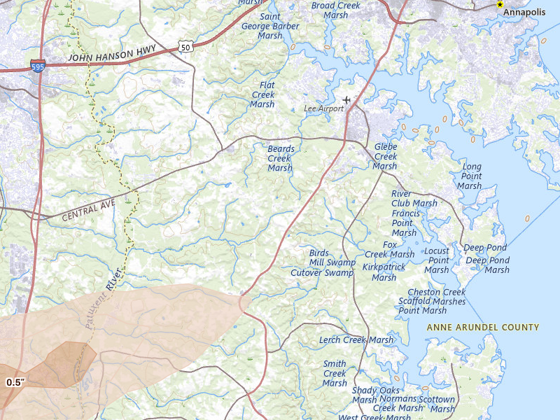 Radar-estimated hail-size map of the storm over Davidsonville, MD on Jul 21, 2026