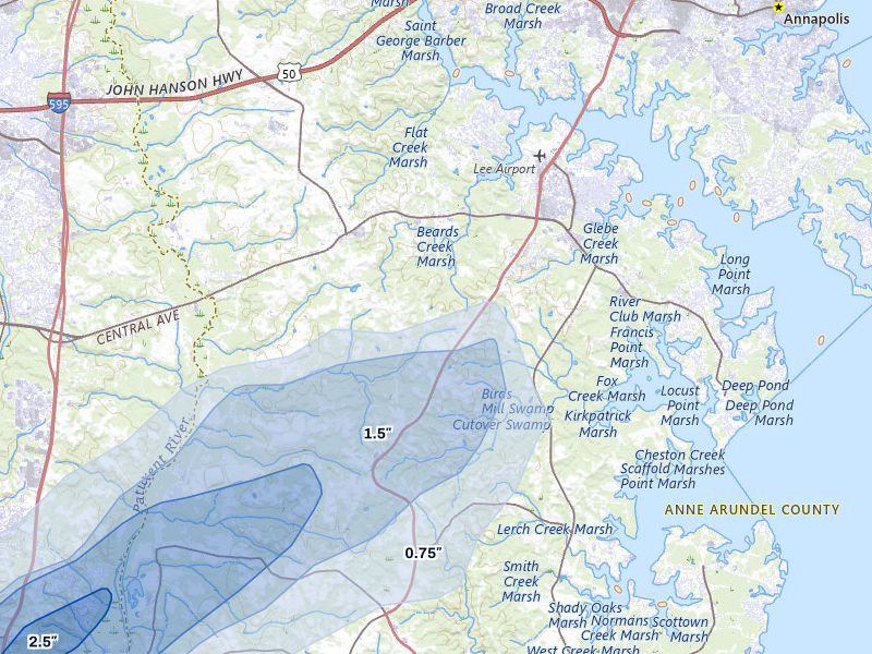 NEXRAD radar-signature map of the hail over Davidsonville, MD