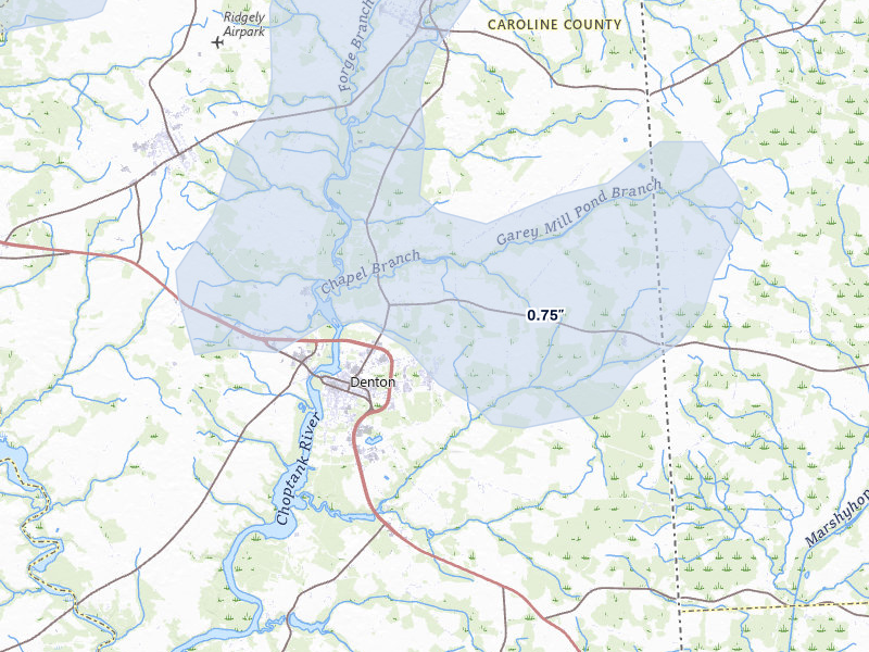 NEXRAD radar-signature map of the hail storm over Denton, MD on Jul 5, 2026