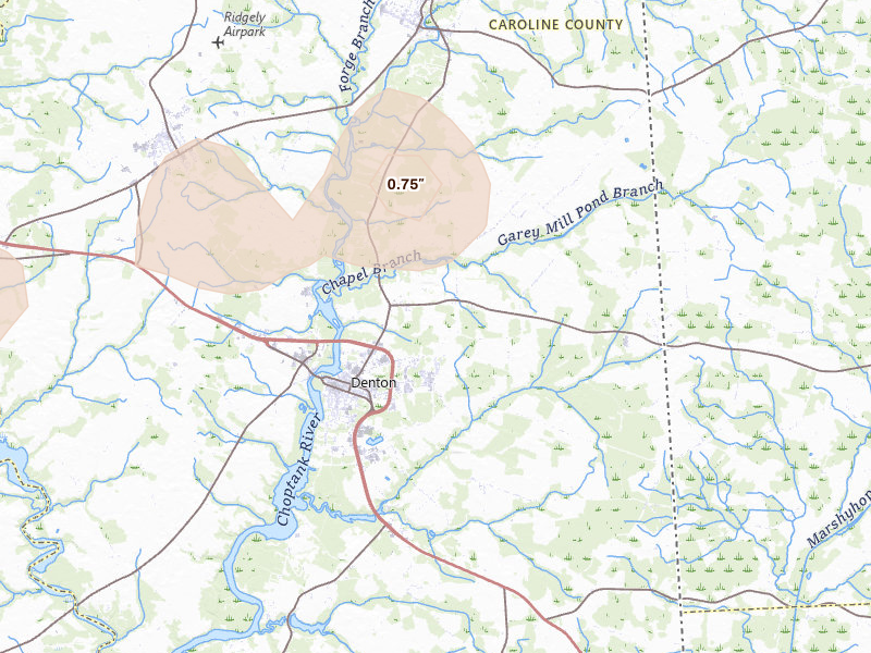 Radar-estimated hail-size map of the storm over Denton, MD on Aug 20, 2026