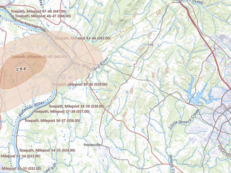 Radar-estimated hail-size map of the storm over Dickerson, MD on Jul 9, 2026
