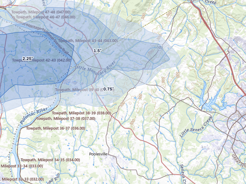 NEXRAD radar-signature map of the hail storm over Dickerson, MD on Jul 9, 2026