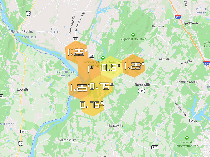 Hail map of Dickerson, MD on Jul 9, 2026, hail up to 1.25"