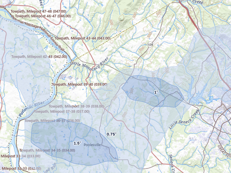 NEXRAD radar-signature map of the hail storm over Dickerson, MD on Jul 28, 2026