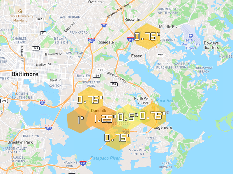 Hail map of Dundalk, MD on Jul 6, 2026, hail up to 1.25"