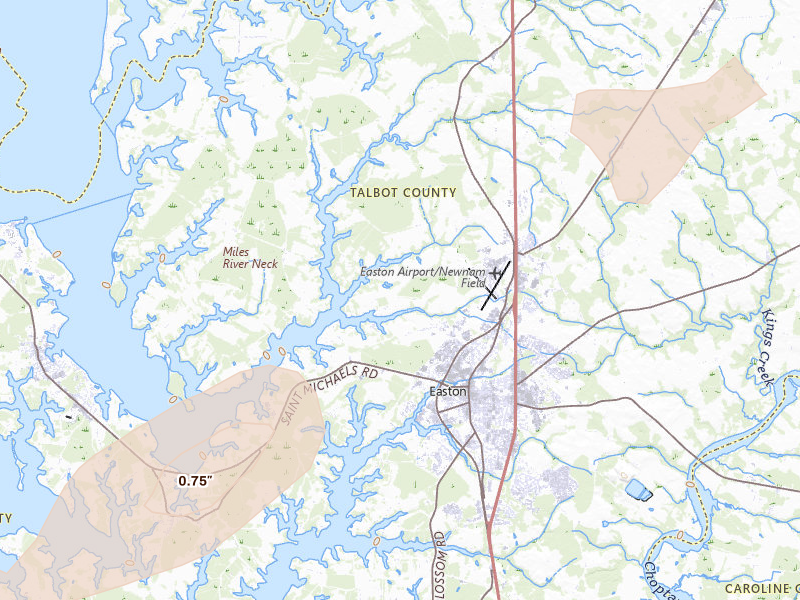 Radar-estimated hail-size map of the storm over Easton, MD on Jul 18, 2026