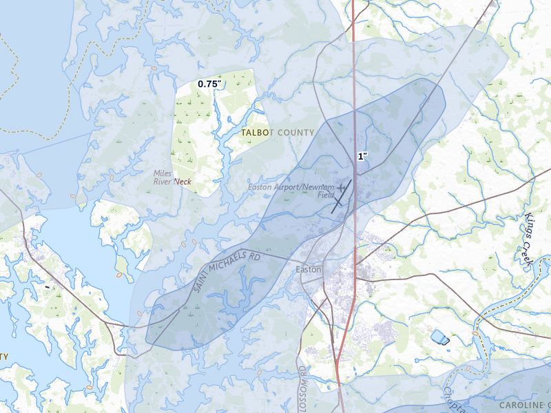 NEXRAD radar-signature map of the hail storm over Easton, MD on Jul 28, 2026