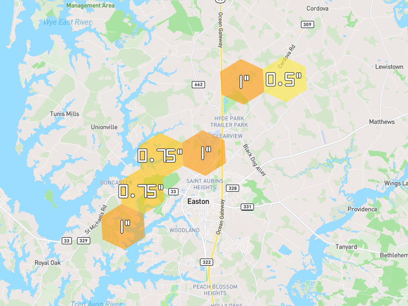 Hail map of Easton, MD on Jul 28, 2026, hail up to 1"