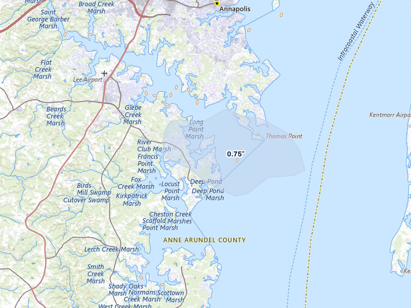 NEXRAD radar-signature map of the hail storm over Edgewater, MD on Jul 9, 2026