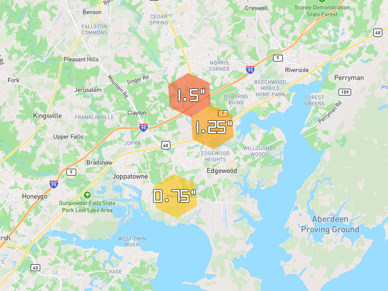 Hail map of Edgewood, MD on Jul 28, 2026, hail up to 1.5"