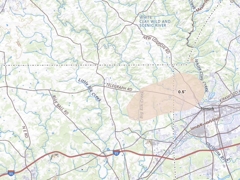 Radar-estimated hail-size map of the storm over Elkton, MD on Jul 21, 2026