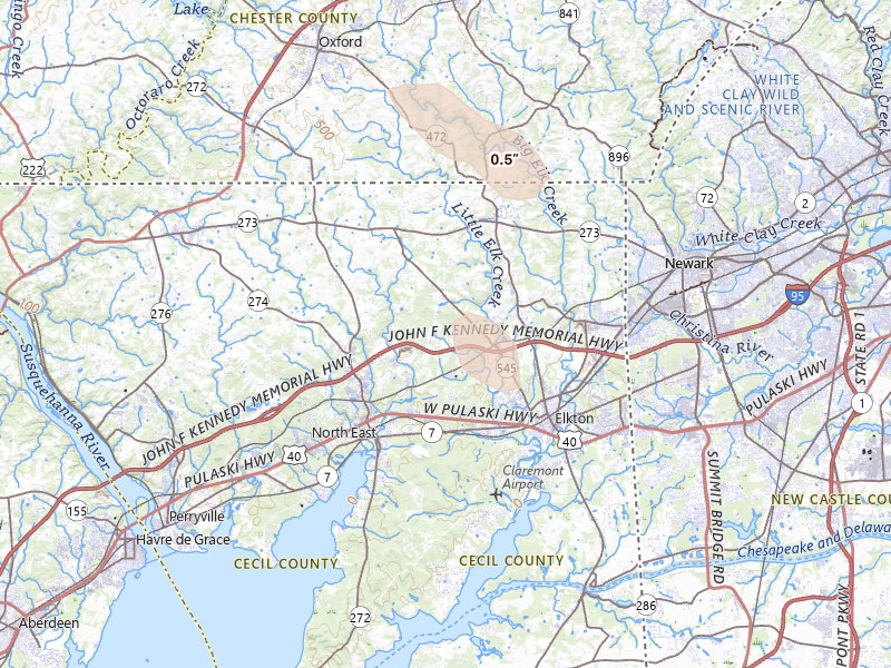 Radar-estimated hail-size map of the storm over Elkton, MD on Sep 1, 2026