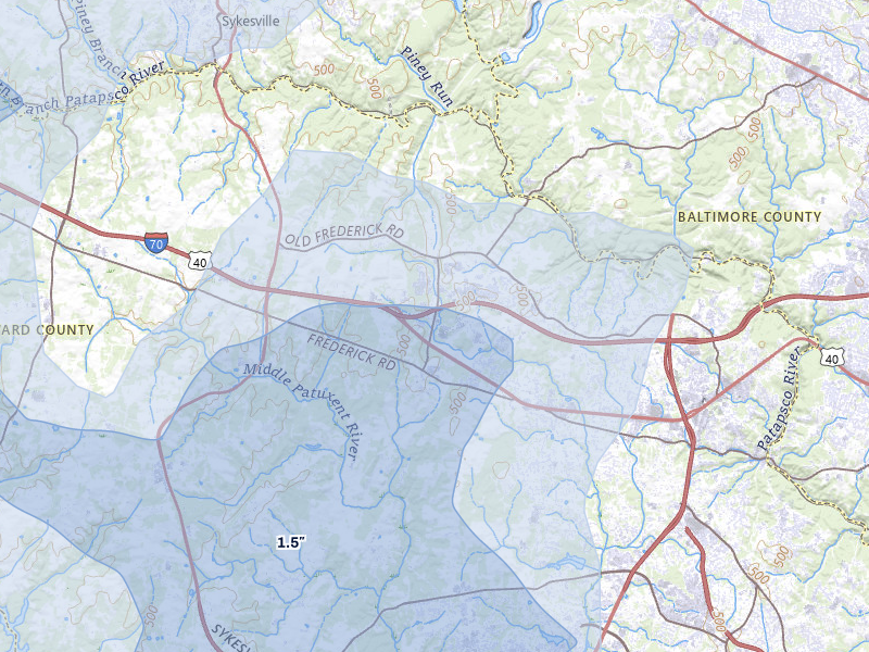 NEXRAD radar-signature map of the hail over Ellicott City, MD