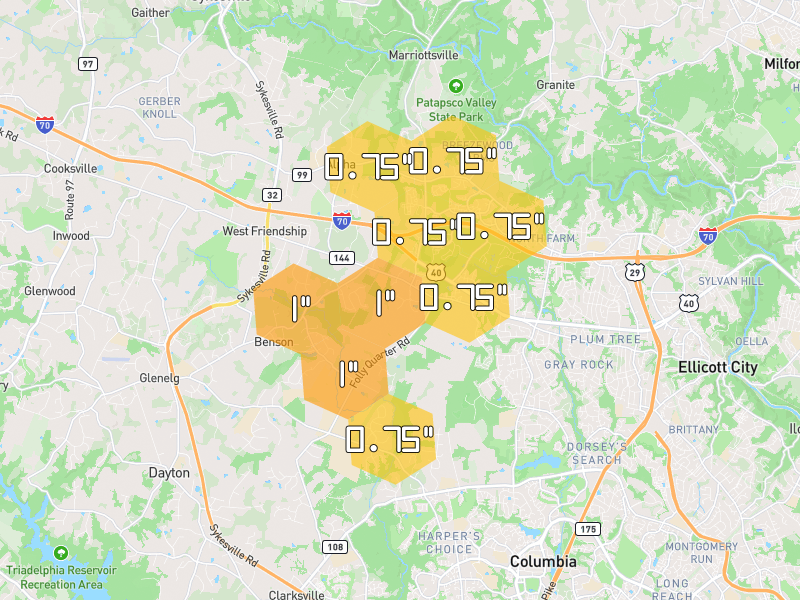 Hail map of Ellicott City, MD on Jul 28, 2026, hail up to 1"