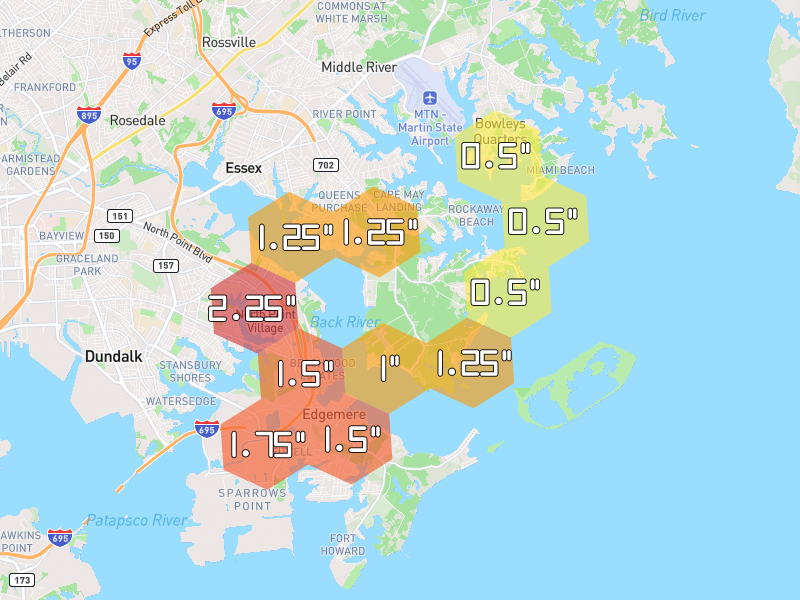 Hail map of Essex, MD on Jul 28, 2026, hail up to 2.25"