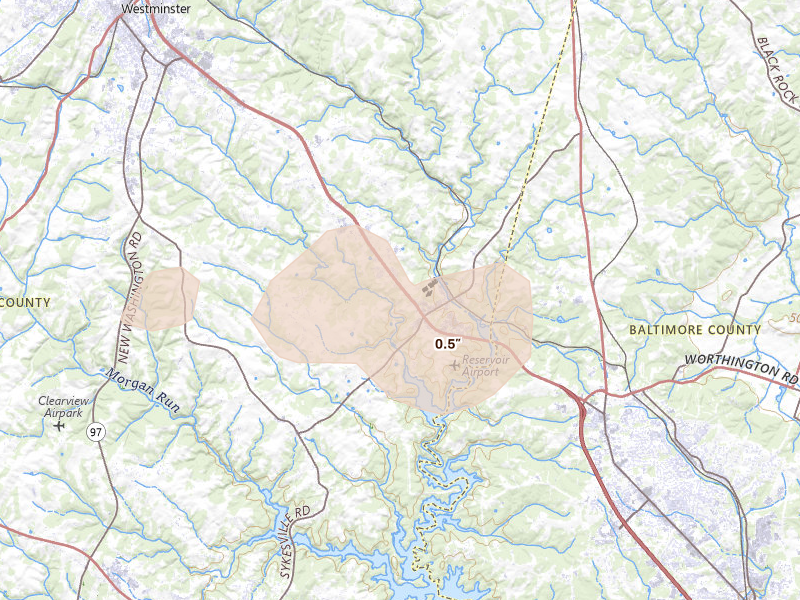 Radar-estimated hail-size map of the storm over Finksburg, MD on Jun 14, 2026