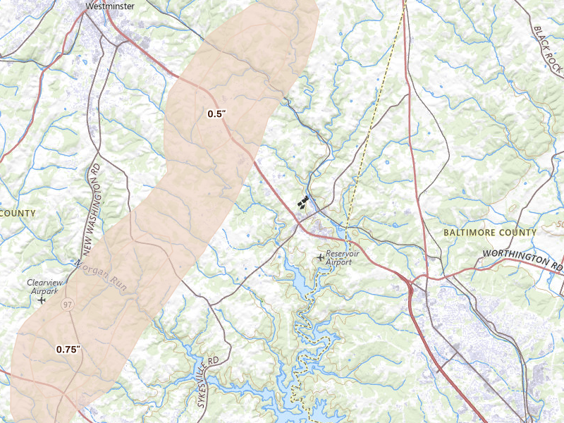 Radar-estimated hail-size map of the storm over Finksburg, MD on Jul 5, 2026