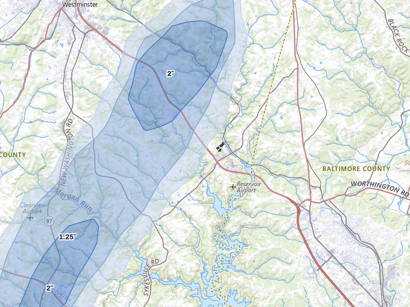 NEXRAD radar-signature map of the hail storm over Finksburg, MD on Jul 5, 2026