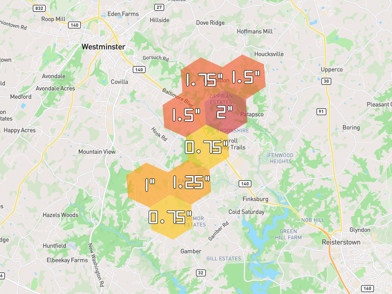 Hail map of Finksburg, MD on Jul 5, 2026, hail up to 2"