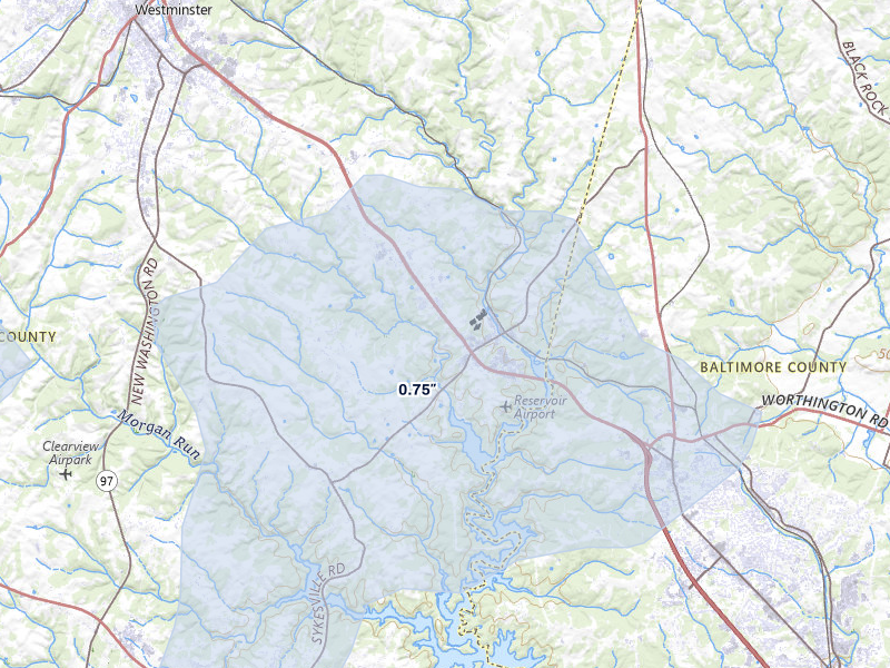 NEXRAD radar-signature map of the hail storm over Finksburg, MD on Jul 28, 2026