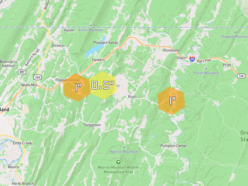 Hail map of Flintstone, MD on Jul 5, 2026, hail up to 1"