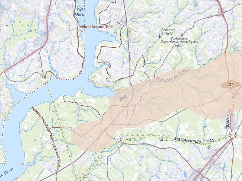 Radar-estimated hail-size map of the storm over Fort Washington, MD on Jul 21, 2026