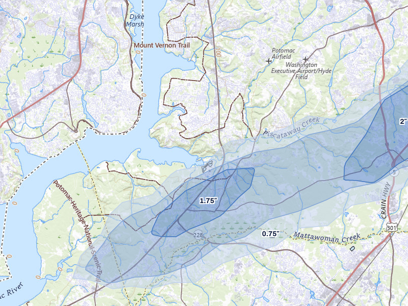 NEXRAD radar-signature map of the hail over Fort Washington, MD