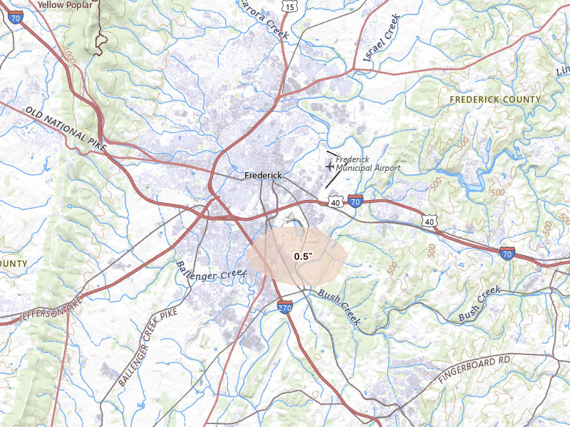 Radar-estimated hail-size map of the storm over Frederick, MD on Jun 6, 2026