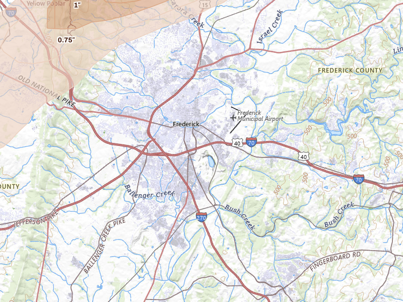 Radar-estimated hail-size map of the storm over Frederick, MD on Jul 4, 2026