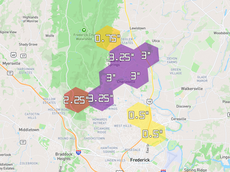 Hail map of Frederick, MD on Jul 4, 2026, hail up to 3.25"