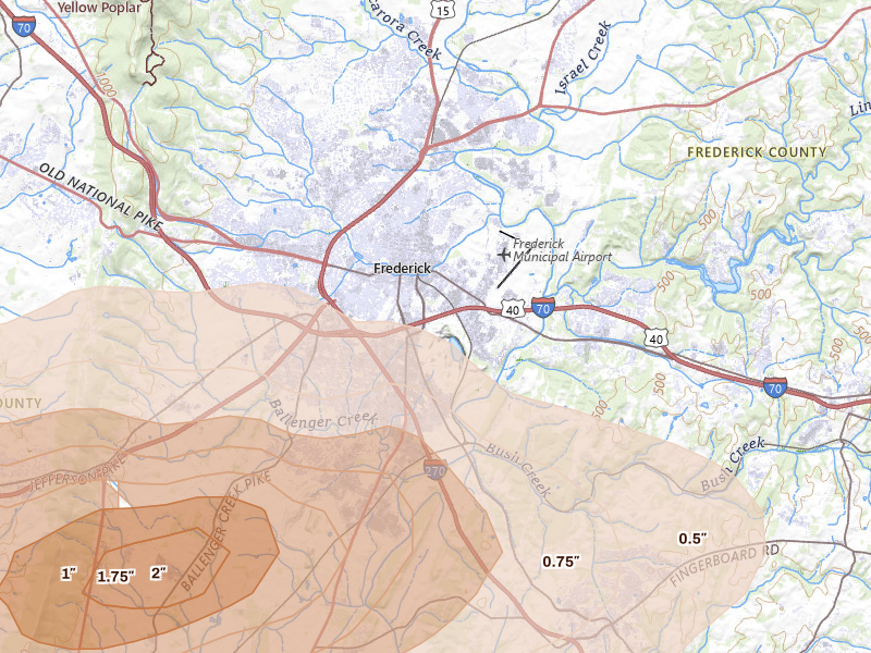 Radar-estimated hail-size map of the storm over Frederick, MD on Jul 18, 2026